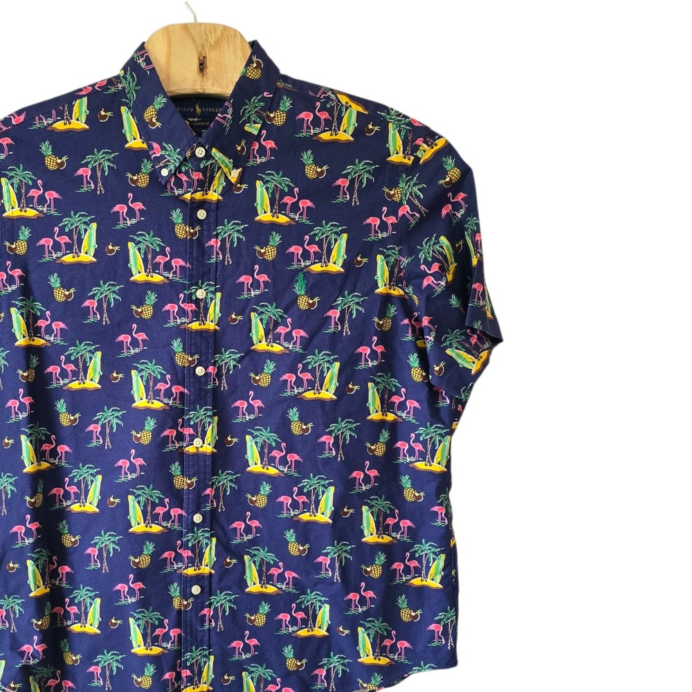 Ralph Lauren Mens XXL Classic Fit Flamingo Tropical Print Short Sleeve Shirt